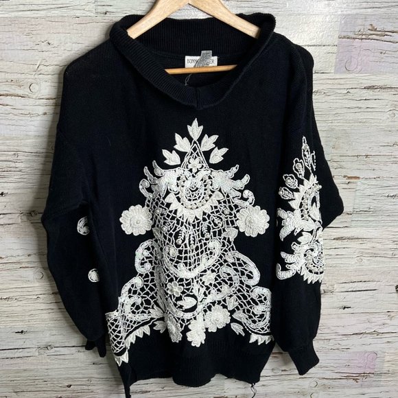 Vintage Sweaters - Vintage bonnie Boerer & Company lace  Sweater black Pearl white medium